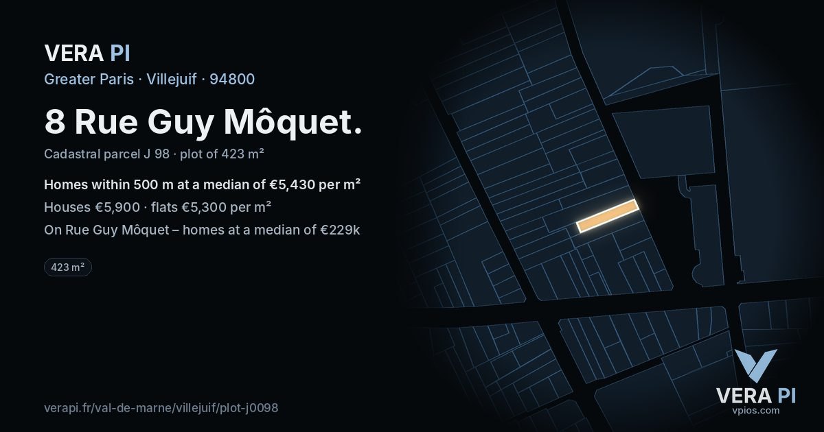 8 Rue Guy Môquet, Villejuif at night – the plot lit, the parcels around coloured by the prices near them