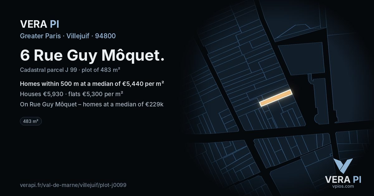 6 Rue Guy Môquet, Villejuif at night – the plot lit, the parcels around coloured by the prices near them