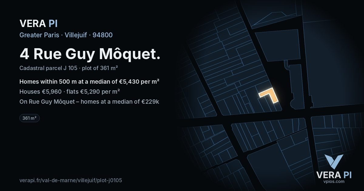 4 Rue Guy Môquet, Villejuif at night – the plot lit, the parcels around coloured by the prices near them