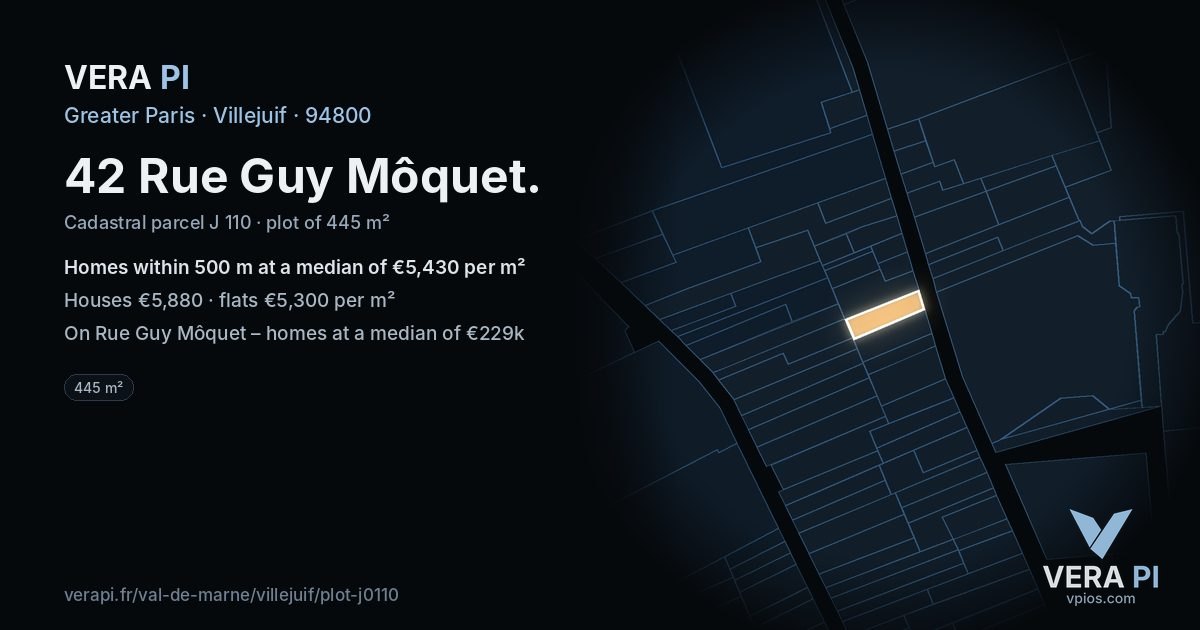 42 Rue Guy Môquet, Villejuif at night – the plot lit, the parcels around coloured by the prices near them