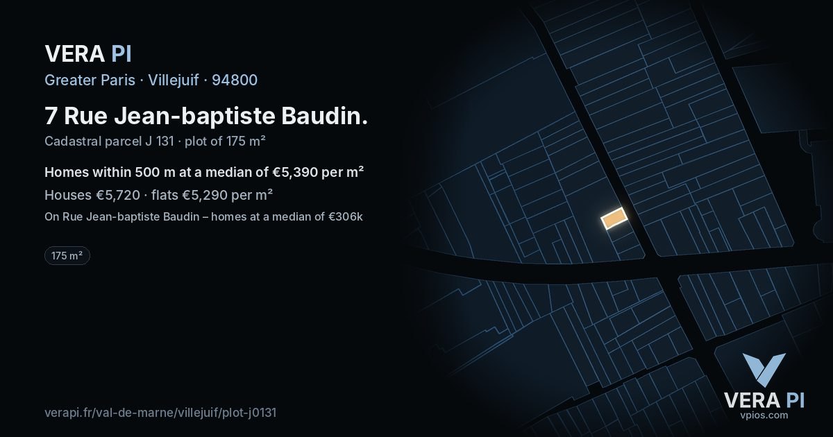 7 Rue Jean-baptiste Baudin, Villejuif at night – the plot lit, the parcels around coloured by the prices near them