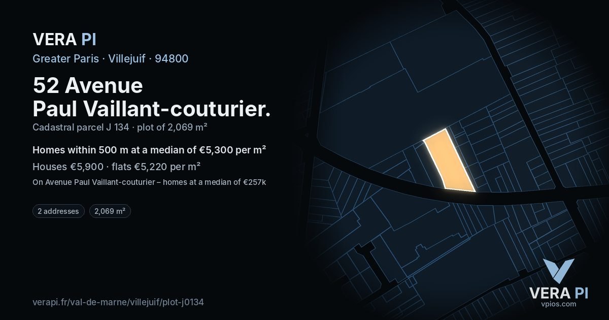 52 Avenue Paul Vaillant-couturier, Villejuif at night – the plot lit, the parcels around coloured by the prices near them
