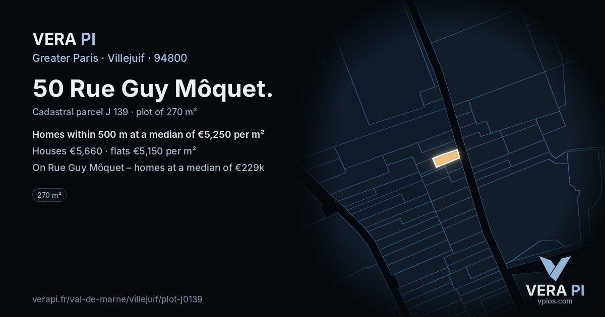 50 Rue Guy Môquet, Villejuif at night – the plot lit, the parcels around coloured by the prices near them