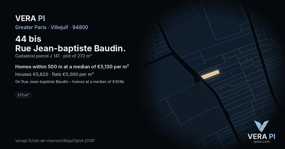44 bis Rue Jean-baptiste Baudin, Villejuif at night – the plot lit, the parcels around coloured by the prices near them