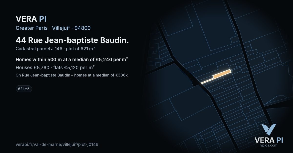 44 Rue Jean-baptiste Baudin, Villejuif at night – the plot lit, the parcels around coloured by the prices near them
