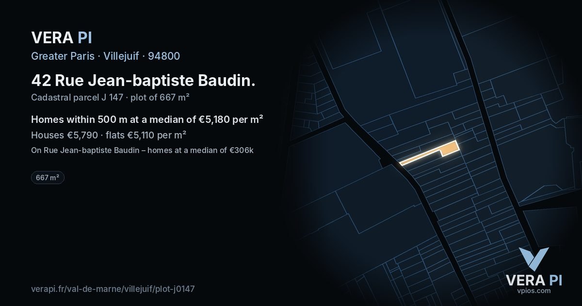 42 Rue Jean-baptiste Baudin, Villejuif at night – the plot lit, the parcels around coloured by the prices near them