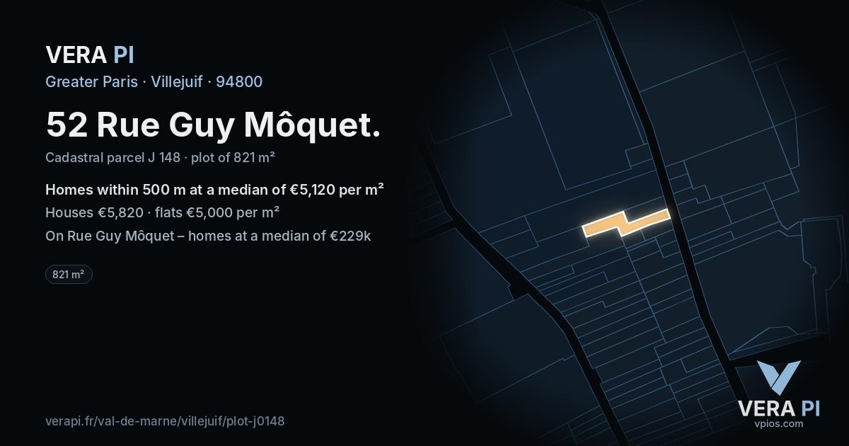 52 Rue Guy Môquet, Villejuif at night – the plot lit, the parcels around coloured by the prices near them