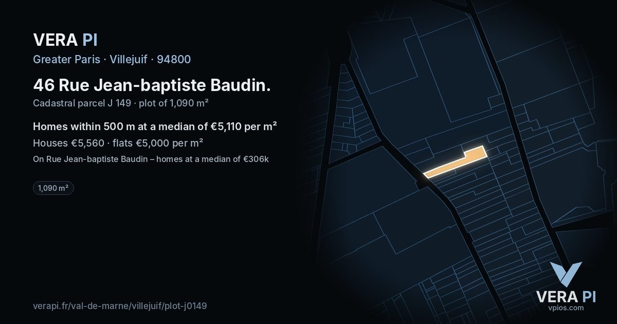 46 Rue Jean-baptiste Baudin, Villejuif at night – the plot lit, the parcels around coloured by the prices near them