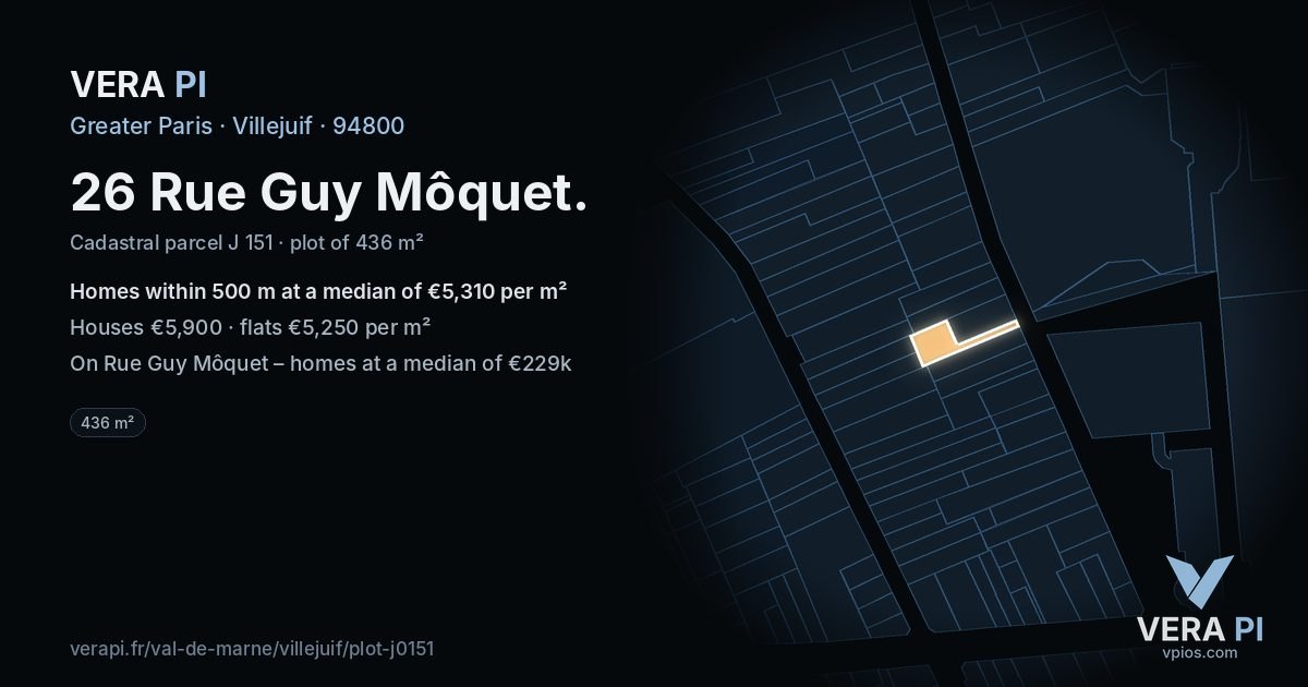 26 Rue Guy Môquet, Villejuif at night – the plot lit, the parcels around coloured by the prices near them