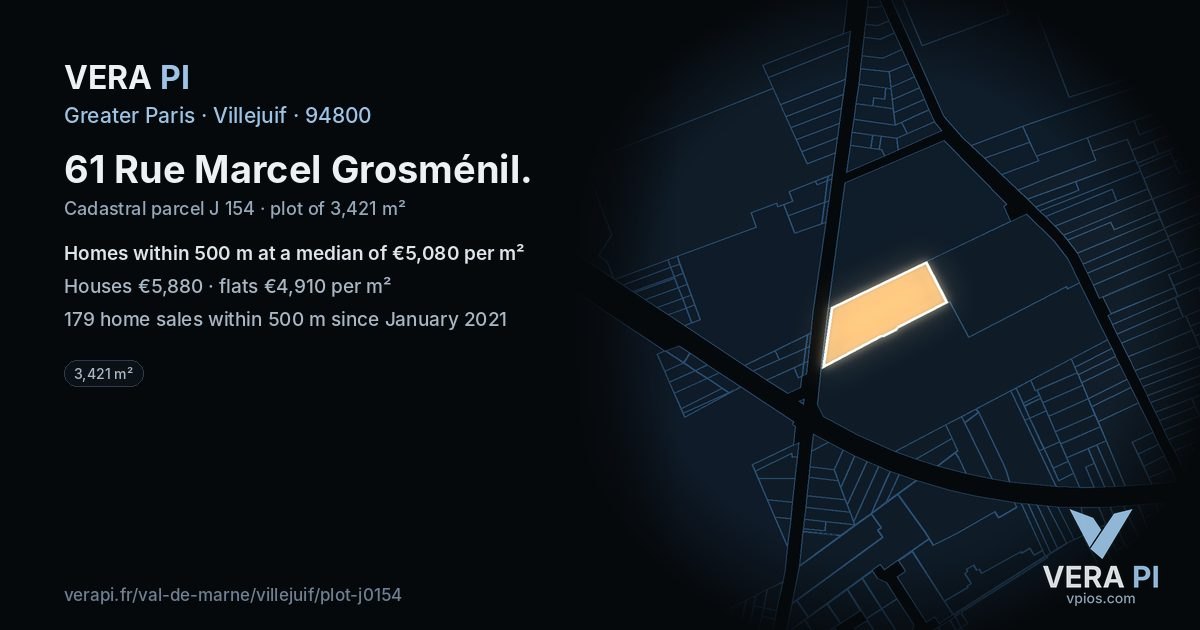 61 Rue Marcel Grosménil, Villejuif at night – the plot lit, the parcels around coloured by the prices near them