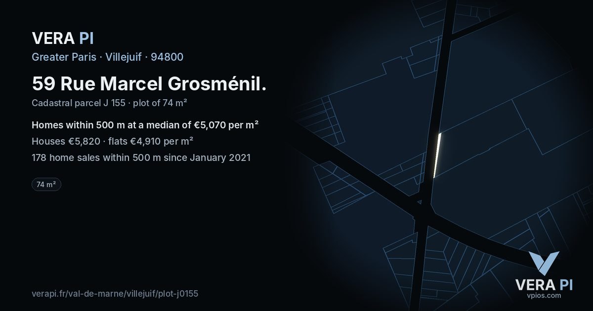 59 Rue Marcel Grosménil, Villejuif at night – the plot lit, the parcels around coloured by the prices near them