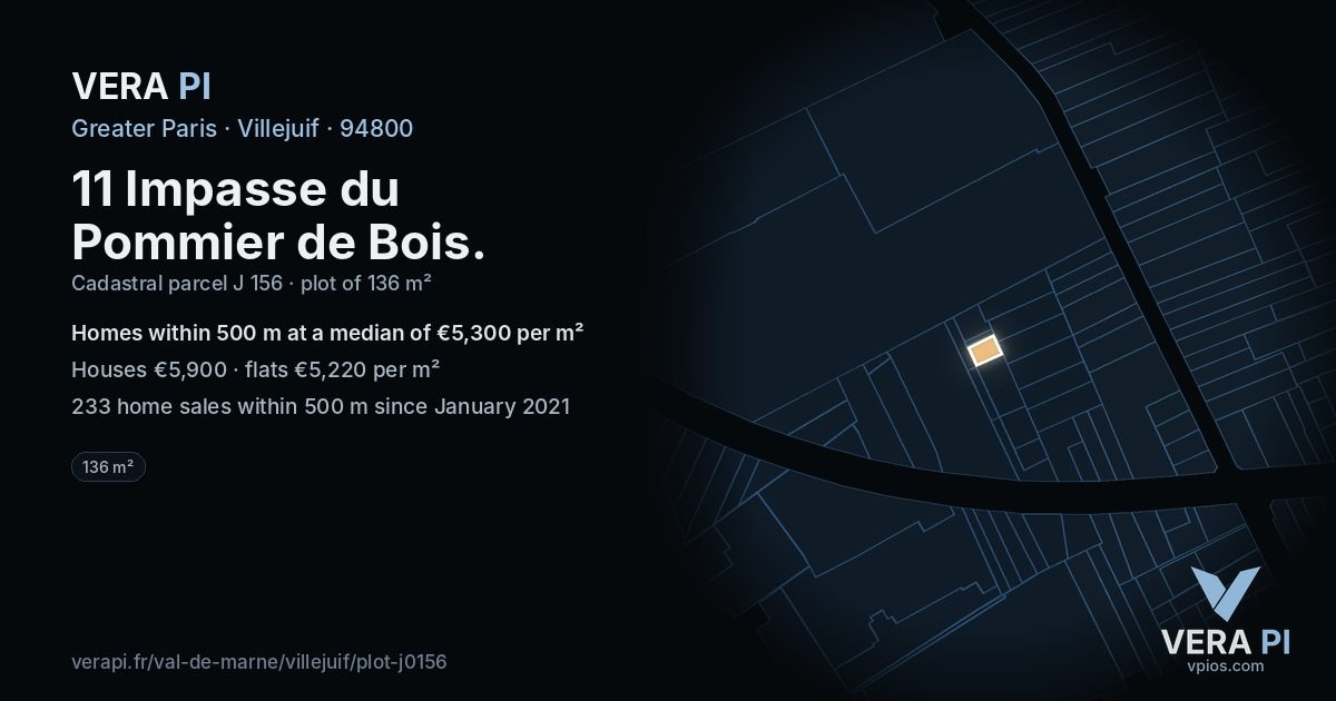 11 Impasse du Pommier de Bois, Villejuif at night – the plot lit, the parcels around coloured by the prices near them