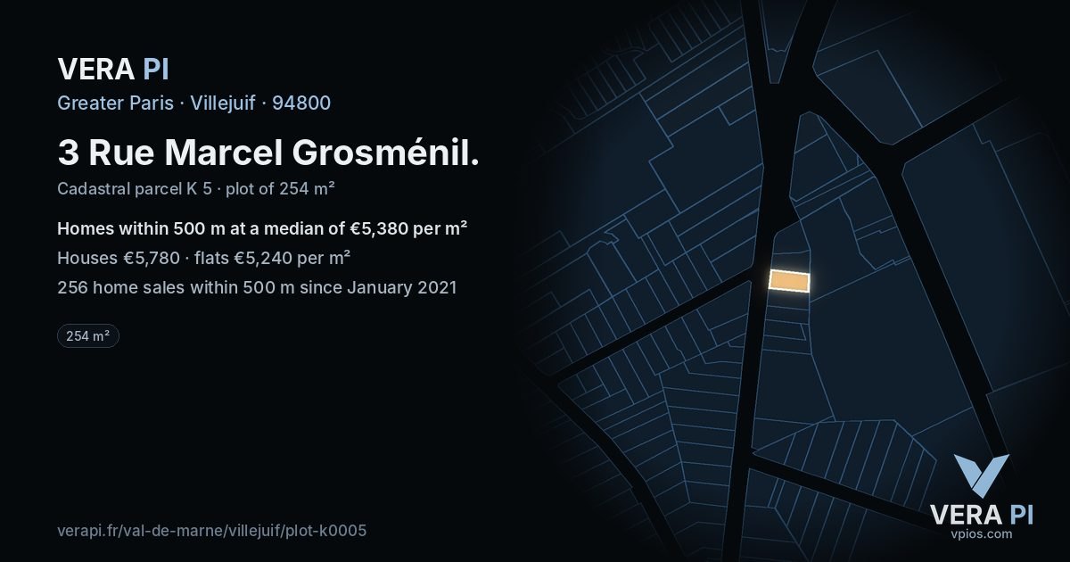 3 Rue Marcel Grosménil, Villejuif at night – the plot lit, the parcels around coloured by the prices near them