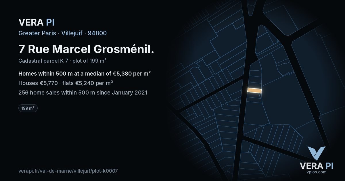 7 Rue Marcel Grosménil, Villejuif at night – the plot lit, the parcels around coloured by the prices near them