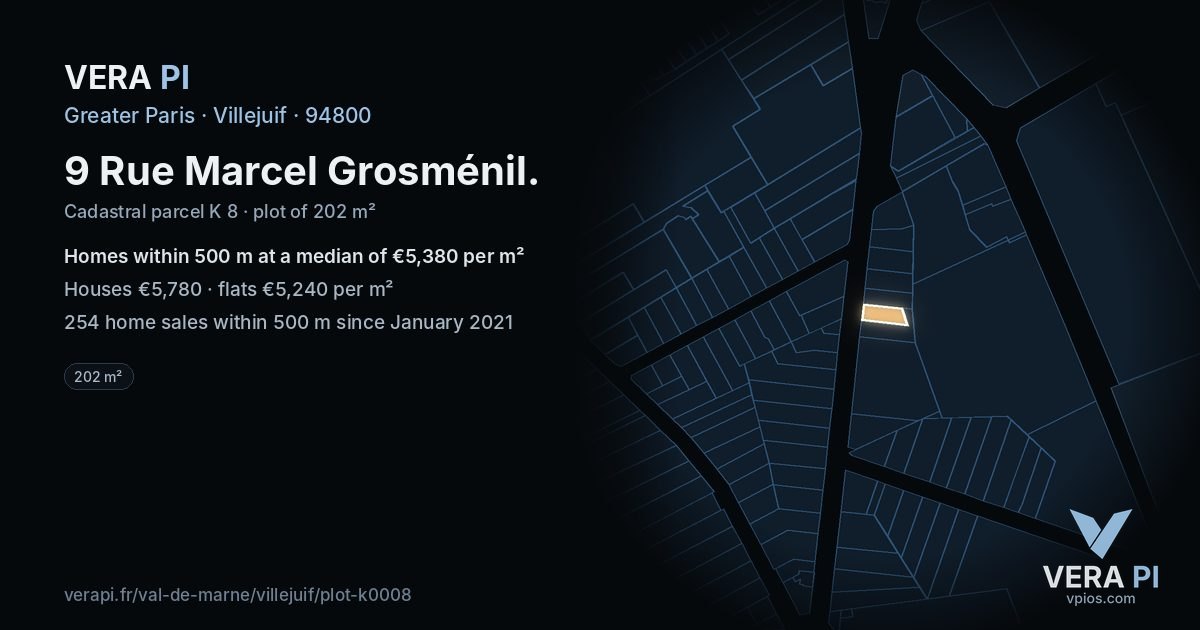 9 Rue Marcel Grosménil, Villejuif at night – the plot lit, the parcels around coloured by the prices near them