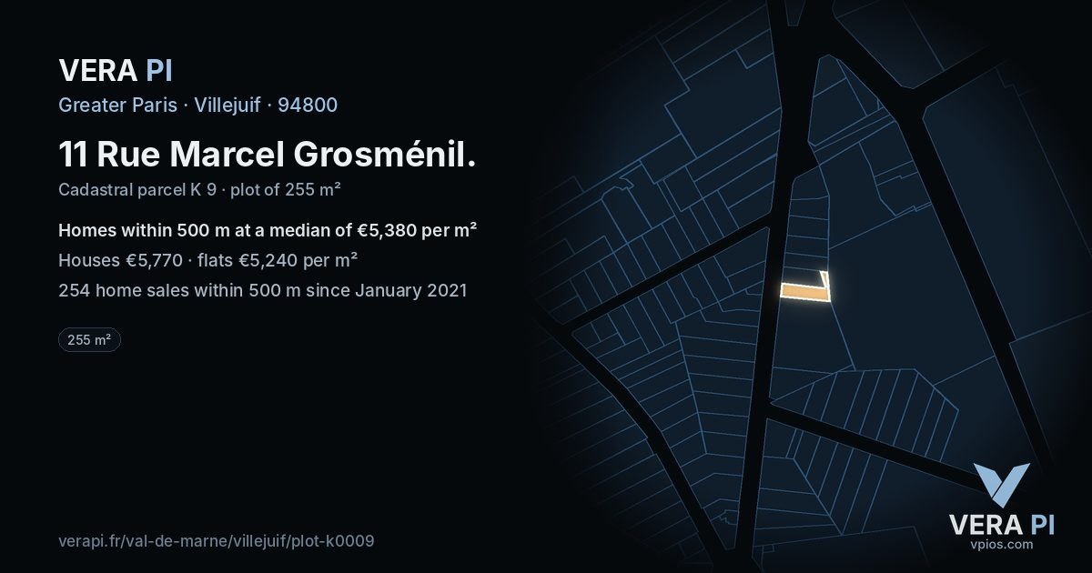 11 Rue Marcel Grosménil, Villejuif at night – the plot lit, the parcels around coloured by the prices near them