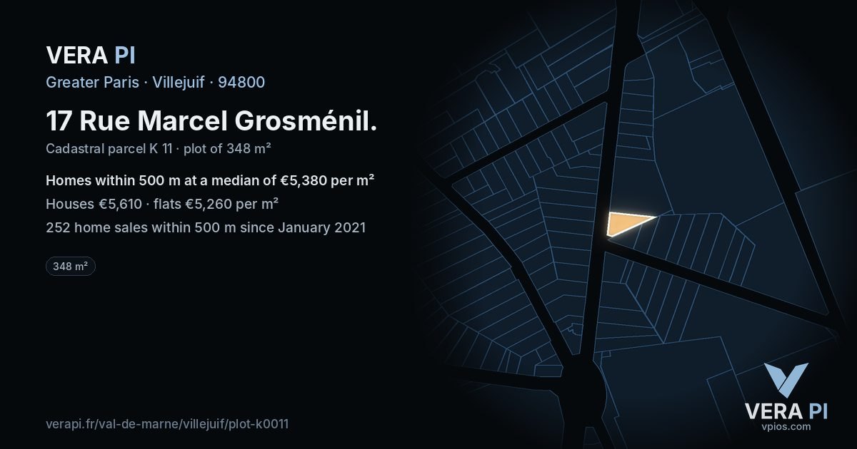 17 Rue Marcel Grosménil, Villejuif at night – the plot lit, the parcels around coloured by the prices near them