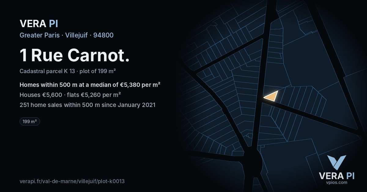 1 Rue Carnot, Villejuif at night – the plot lit, the parcels around coloured by the prices near them
