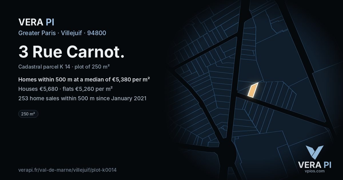 3 Rue Carnot, Villejuif at night – the plot lit, the parcels around coloured by the prices near them