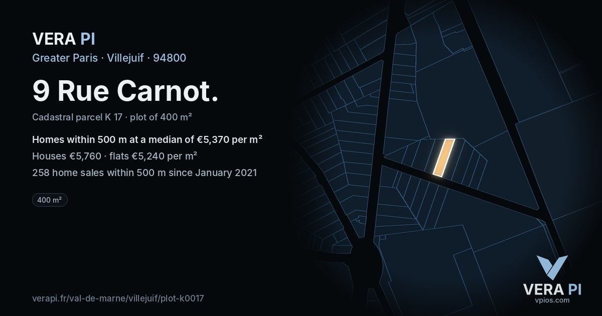 9 Rue Carnot, Villejuif at night – the plot lit, the parcels around coloured by the prices near them