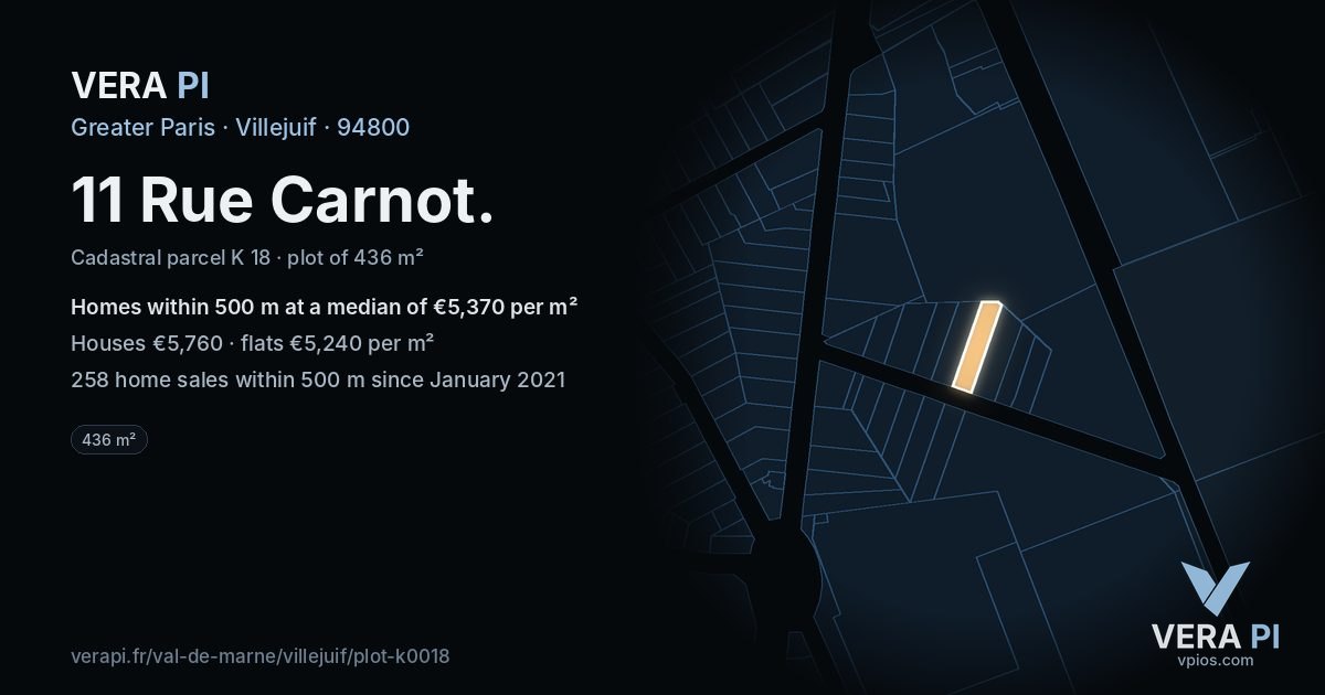11 Rue Carnot, Villejuif at night – the plot lit, the parcels around coloured by the prices near them