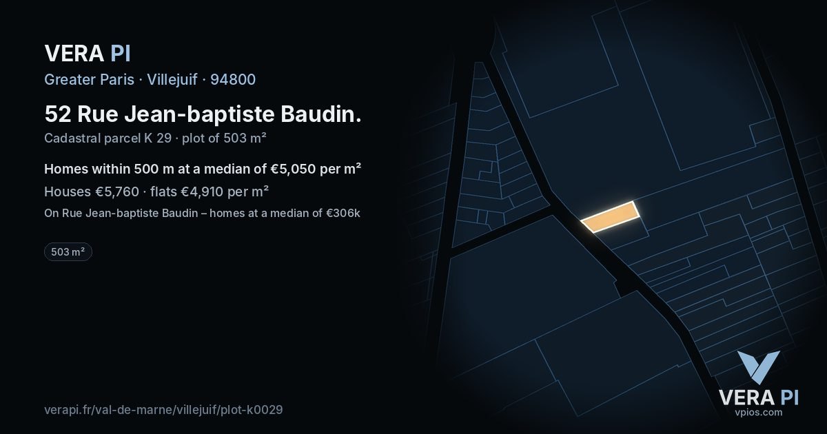 52 Rue Jean-baptiste Baudin, Villejuif at night – the plot lit, the parcels around coloured by the prices near them