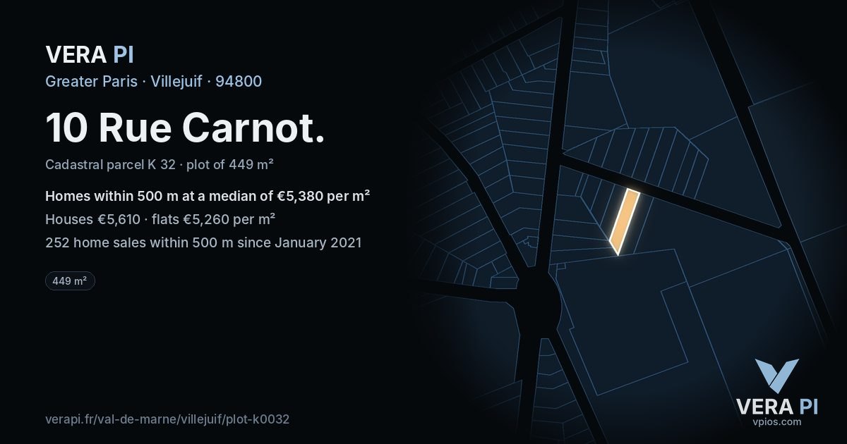 10 Rue Carnot, Villejuif at night – the plot lit, the parcels around coloured by the prices near them