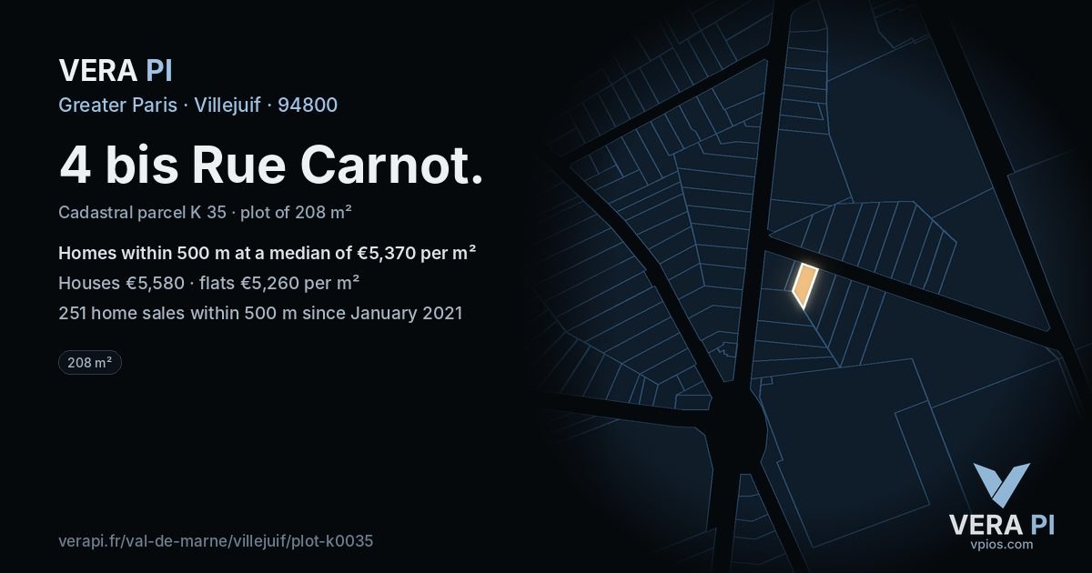 4 bis Rue Carnot, Villejuif at night – the plot lit, the parcels around coloured by the prices near them