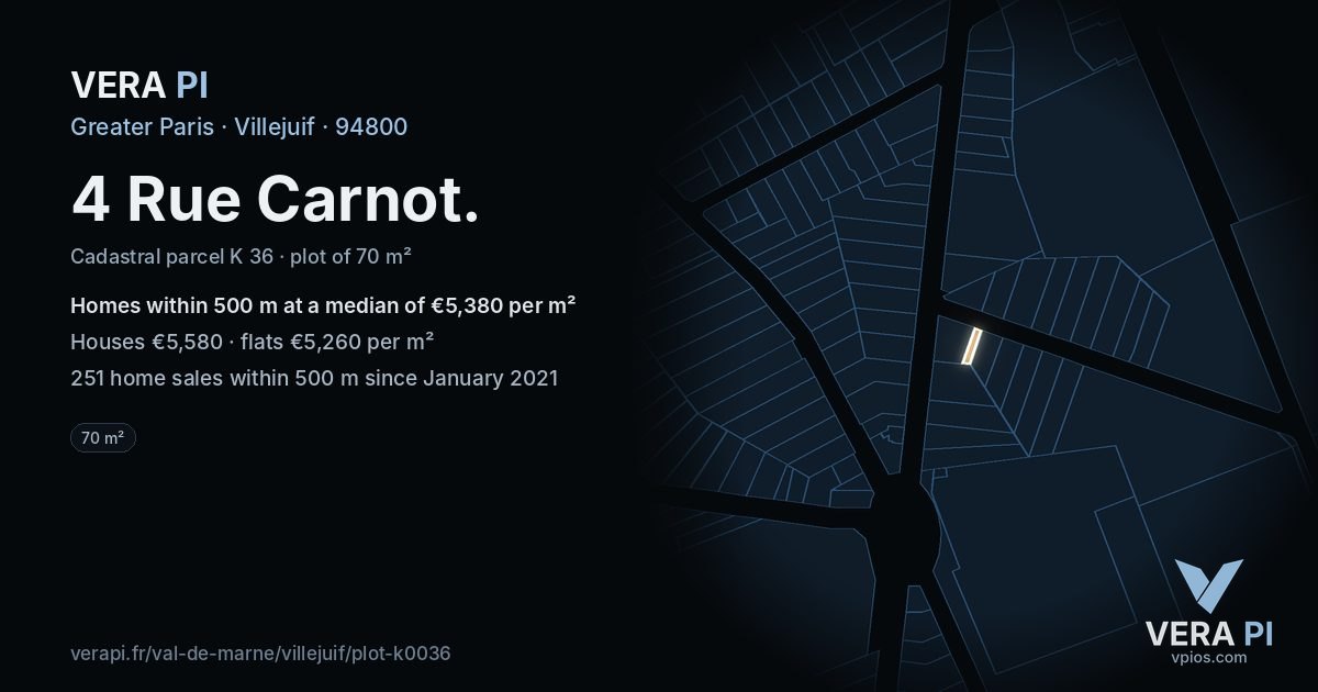 4 Rue Carnot, Villejuif at night – the plot lit, the parcels around coloured by the prices near them