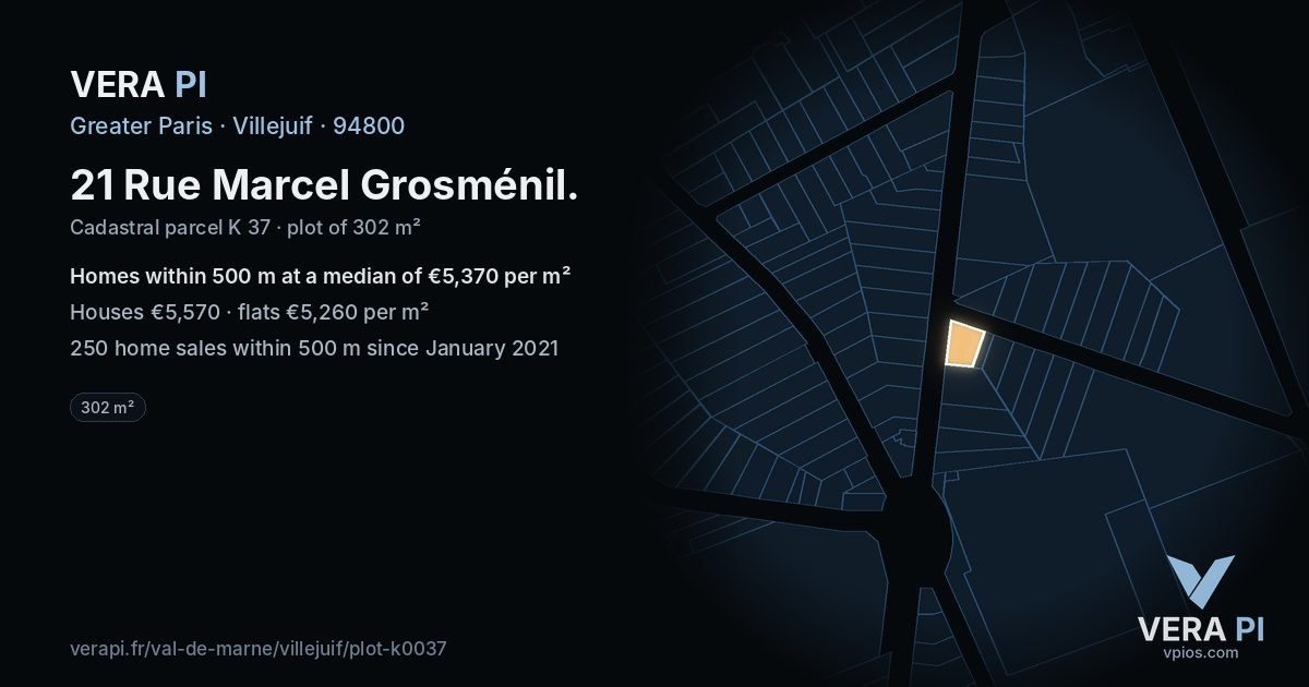 21 Rue Marcel Grosménil, Villejuif at night – the plot lit, the parcels around coloured by the prices near them