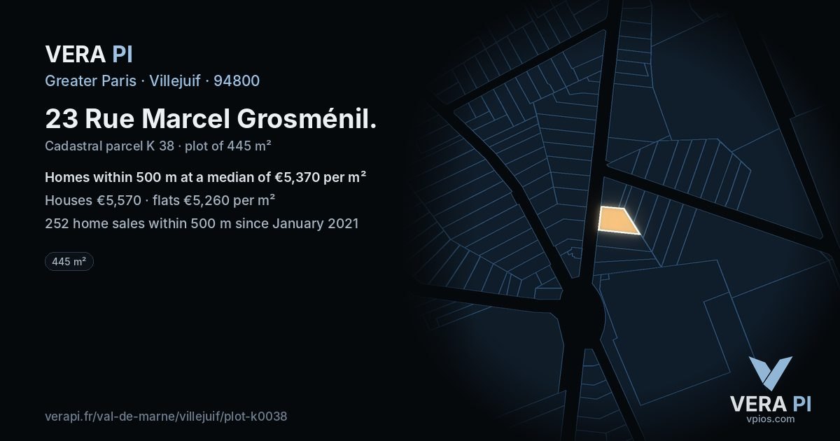 23 Rue Marcel Grosménil, Villejuif at night – the plot lit, the parcels around coloured by the prices near them