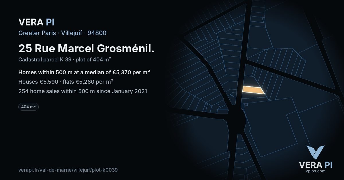25 Rue Marcel Grosménil, Villejuif at night – the plot lit, the parcels around coloured by the prices near them