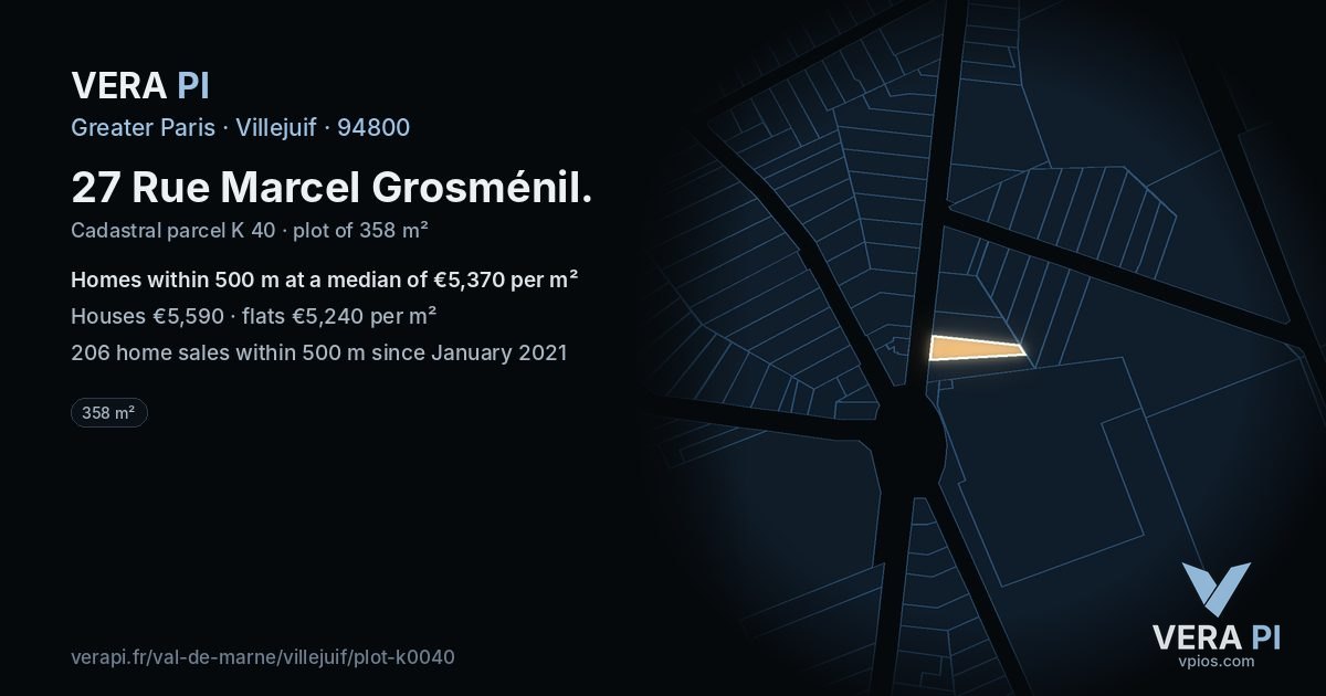 27 Rue Marcel Grosménil, Villejuif at night – the plot lit, the parcels around coloured by the prices near them