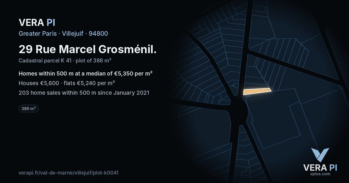 29 Rue Marcel Grosménil, Villejuif at night – the plot lit, the parcels around coloured by the prices near them