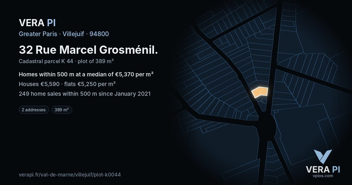 32 Rue Marcel Grosménil, Villejuif at night – the plot lit, the parcels around coloured by the prices near them