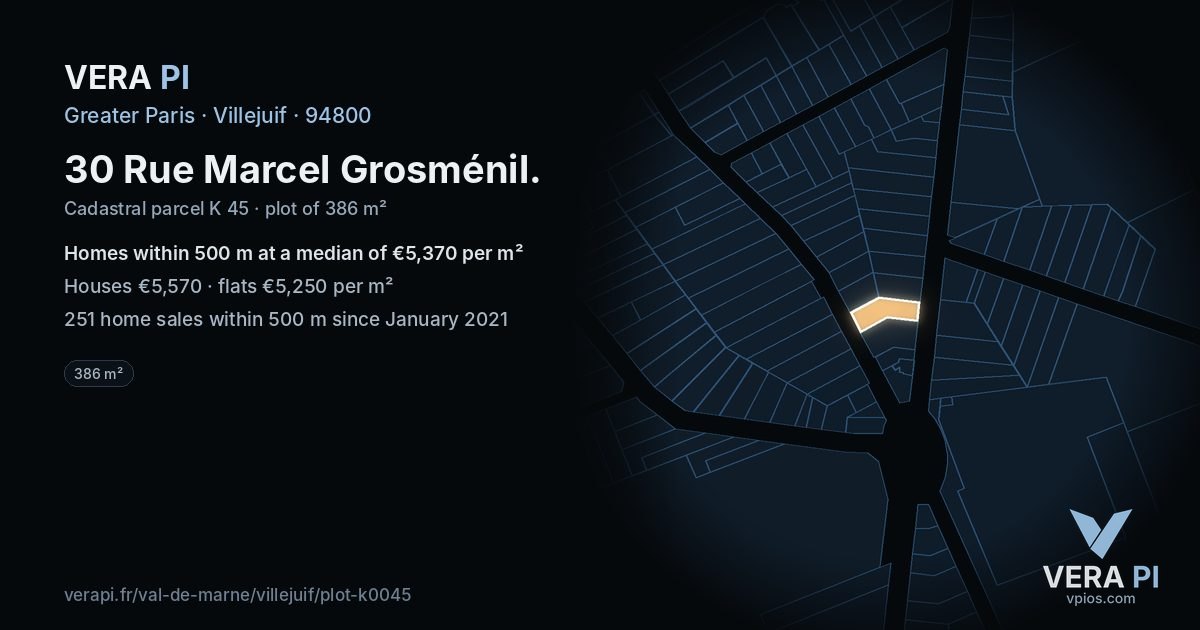30 Rue Marcel Grosménil, Villejuif at night – the plot lit, the parcels around coloured by the prices near them