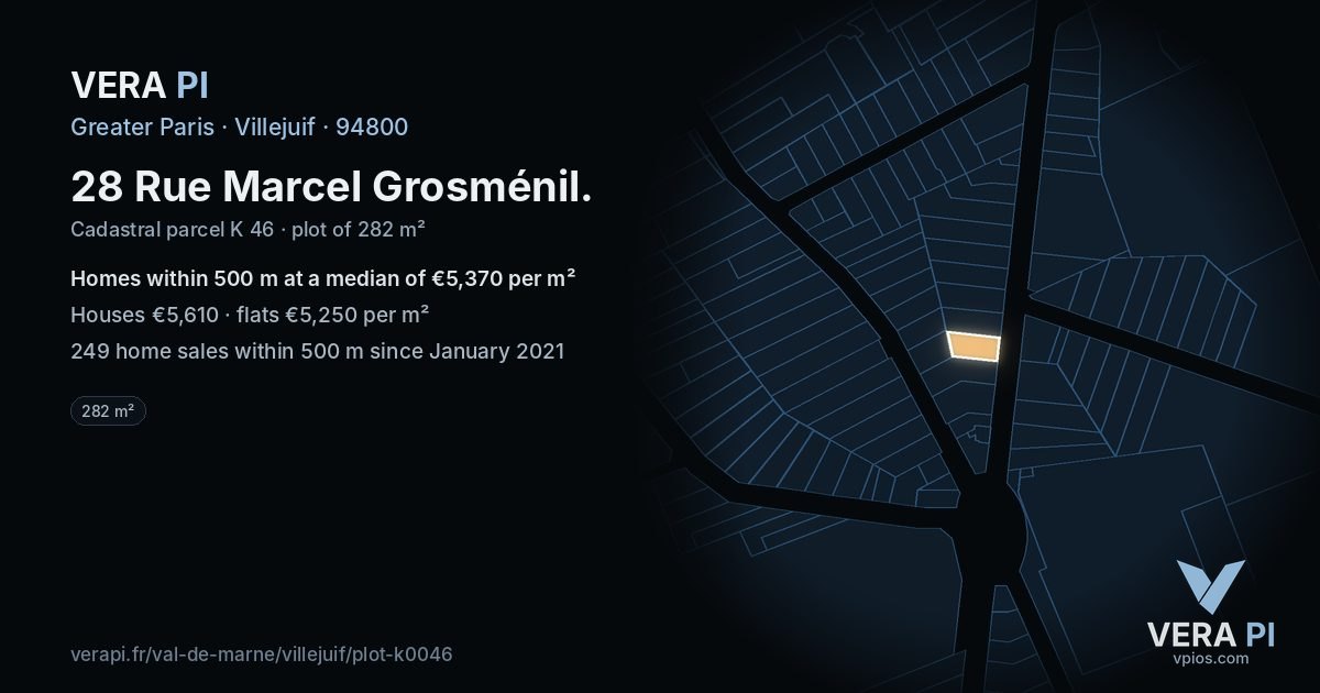 28 Rue Marcel Grosménil, Villejuif at night – the plot lit, the parcels around coloured by the prices near them