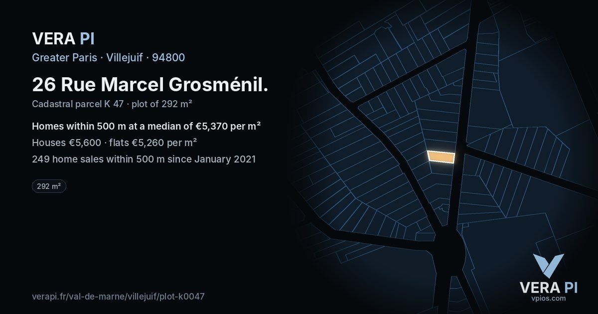 26 Rue Marcel Grosménil, Villejuif at night – the plot lit, the parcels around coloured by the prices near them