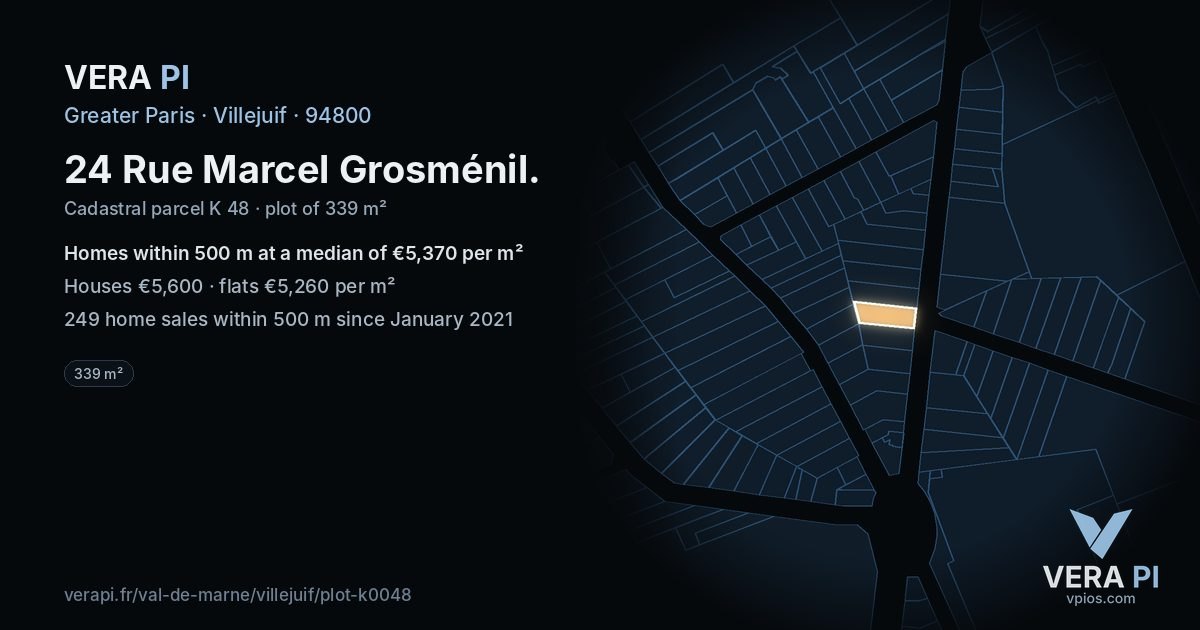 24 Rue Marcel Grosménil, Villejuif at night – the plot lit, the parcels around coloured by the prices near them