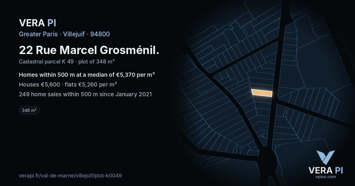 22 Rue Marcel Grosménil, Villejuif at night – the plot lit, the parcels around coloured by the prices near them