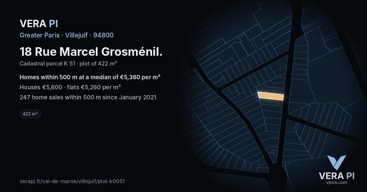 18 Rue Marcel Grosménil, Villejuif at night – the plot lit, the parcels around coloured by the prices near them
