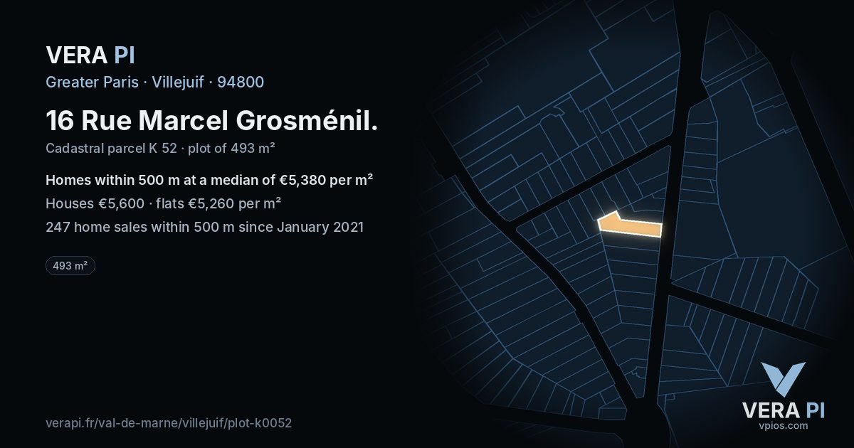16 Rue Marcel Grosménil, Villejuif at night – the plot lit, the parcels around coloured by the prices near them