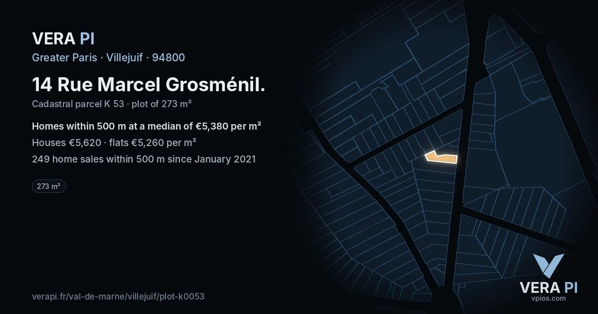 14 Rue Marcel Grosménil, Villejuif at night – the plot lit, the parcels around coloured by the prices near them