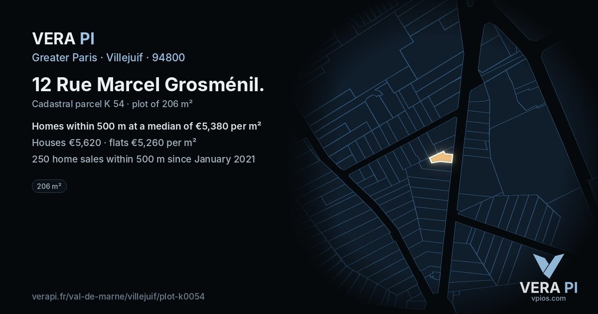 12 Rue Marcel Grosménil, Villejuif at night – the plot lit, the parcels around coloured by the prices near them