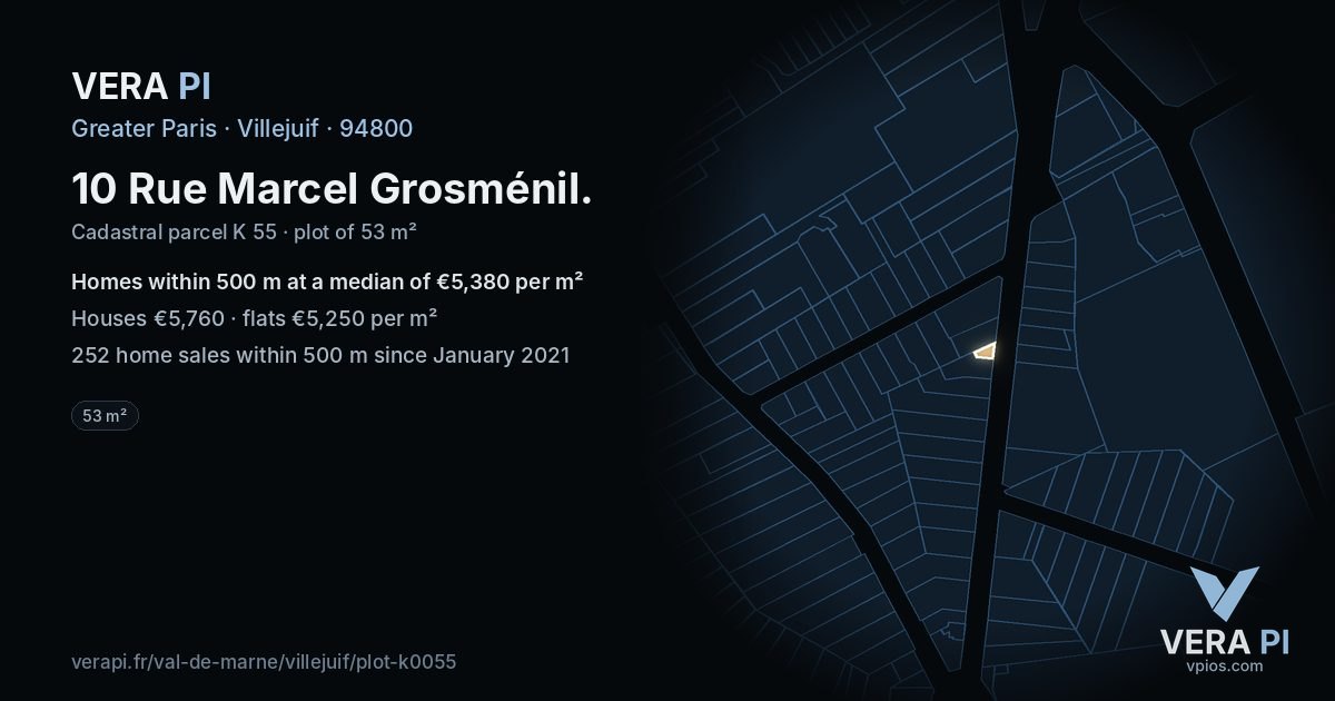 10 Rue Marcel Grosménil, Villejuif at night – the plot lit, the parcels around coloured by the prices near them
