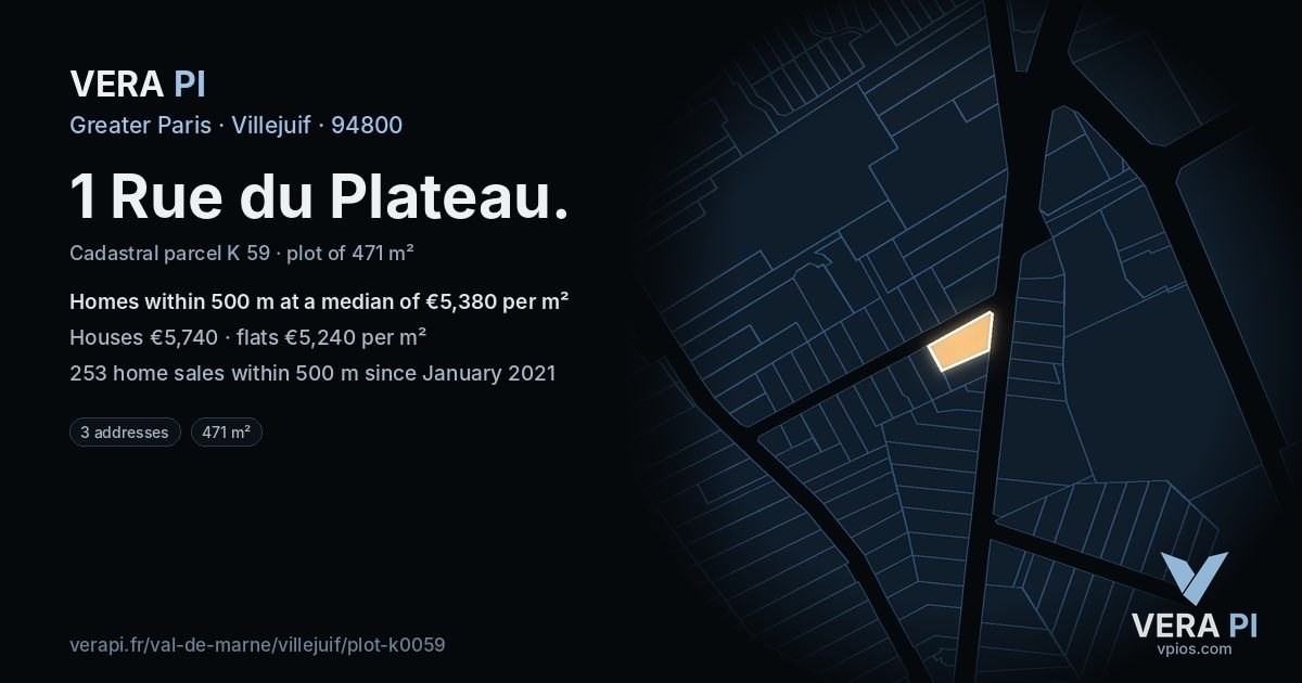 1 Rue du Plateau, Villejuif at night – the plot lit, the parcels around coloured by the prices near them