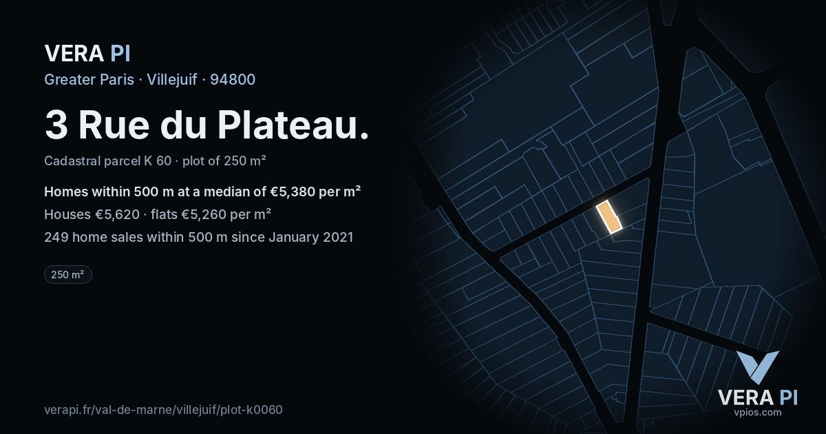 3 Rue du Plateau, Villejuif at night – the plot lit, the parcels around coloured by the prices near them