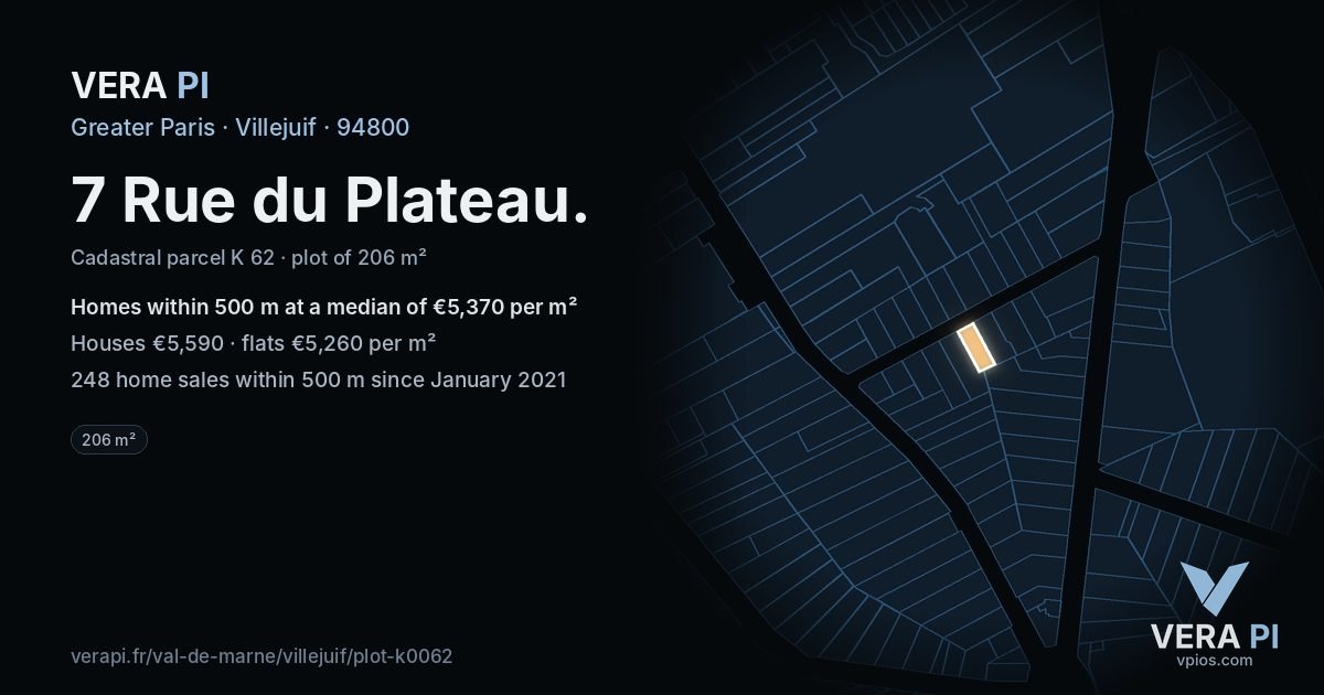 7 Rue du Plateau, Villejuif at night – the plot lit, the parcels around coloured by the prices near them