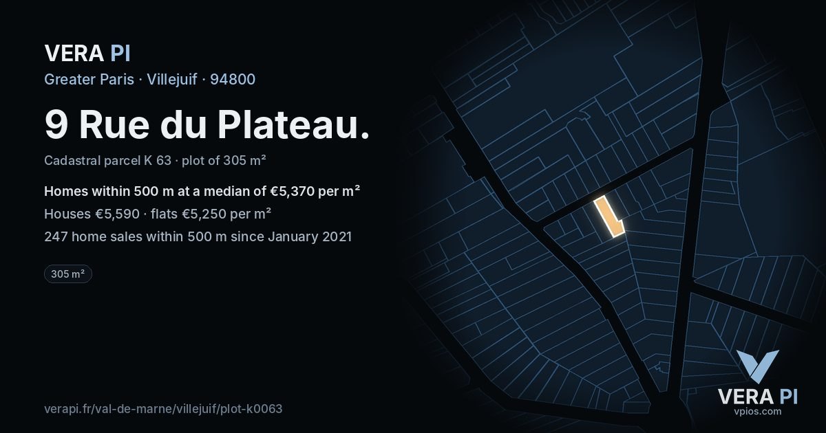 9 Rue du Plateau, Villejuif at night – the plot lit, the parcels around coloured by the prices near them