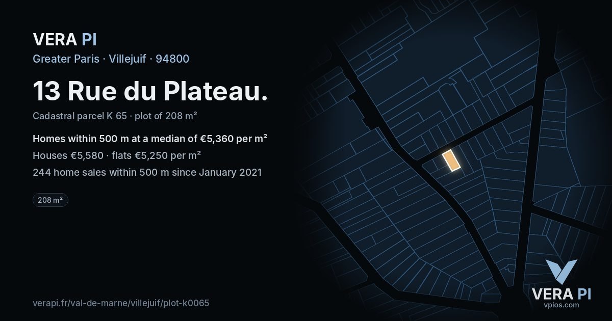 13 Rue du Plateau, Villejuif at night – the plot lit, the parcels around coloured by the prices near them